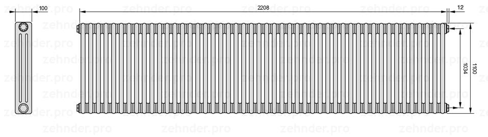 Схема (чертеж) Радиатор Zehnder Charleston 3110/48 №7610 Белый глянцевый RAL 9016